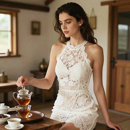 Photograph of a brunette woman with wavy hair, wearing a white lace halter dress, pouring tea in a sunlit rustic kitchen.