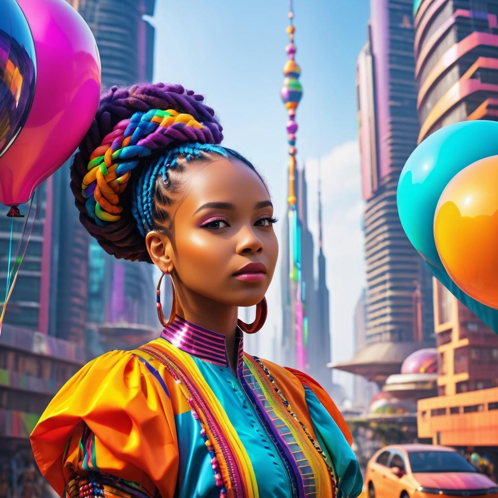 Vibrant Afrofuturism: Young Woman and Balloons