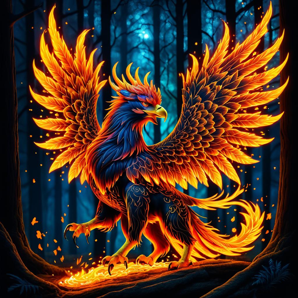 Mystical Griffin in Fiery Forest Art