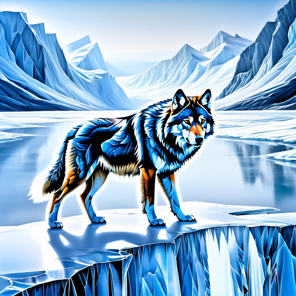 Photorealistic Ice Wolf in Glacial Landscape