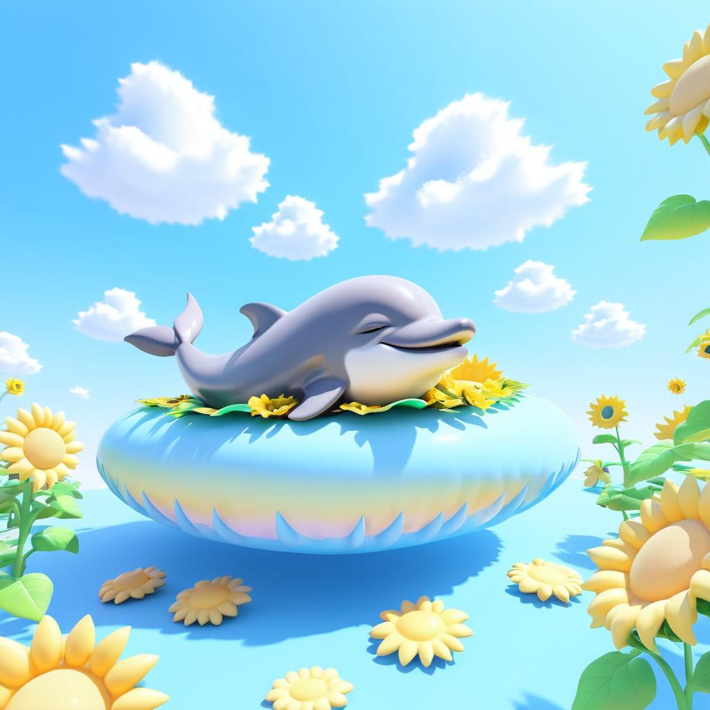 Dreamy Dolphin on Cloud Surrounded by Sunflowers