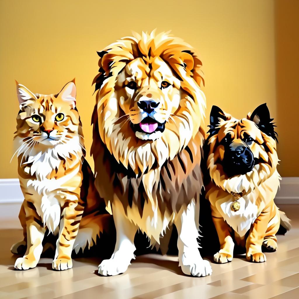 Whimsical Trio: Dog, Cat, and Lion