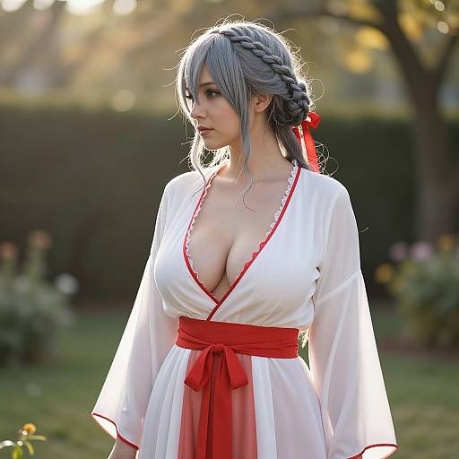 Photograph of a fair-skinned woman with gray braided hair, wearing a white, deep V-neck kimono with red trim and sash,
