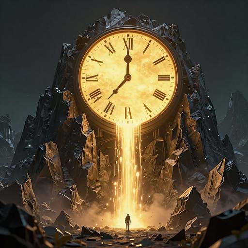 Digital artwork of a colossal, glowing clock face surrounded by jagged rocks, with a tiny figure standing at the base, illuminated by a radiant, fiery