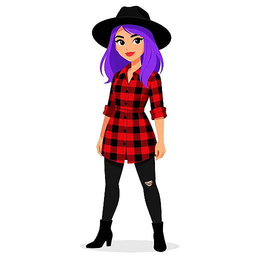 Digital drawing of a purple-haired woman in a black hat, red and black plaid shirt, black ripped jeans, and black boots. She stands confidently