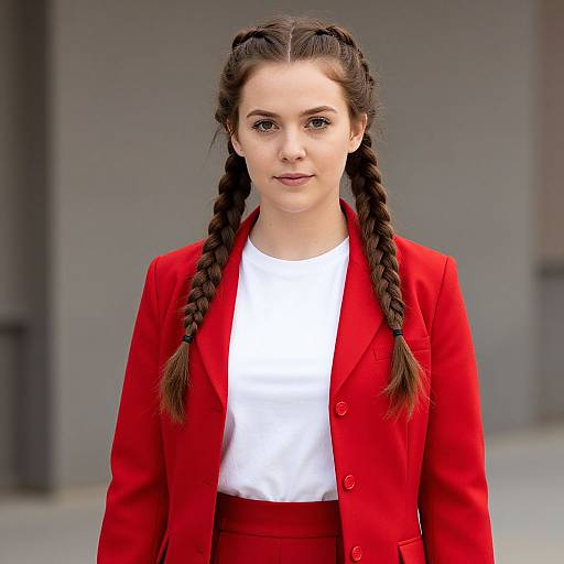 Photograph of a young woman with fair skin, brown hair in two braids, wearing a red blazer, white shirt, and red skirt,