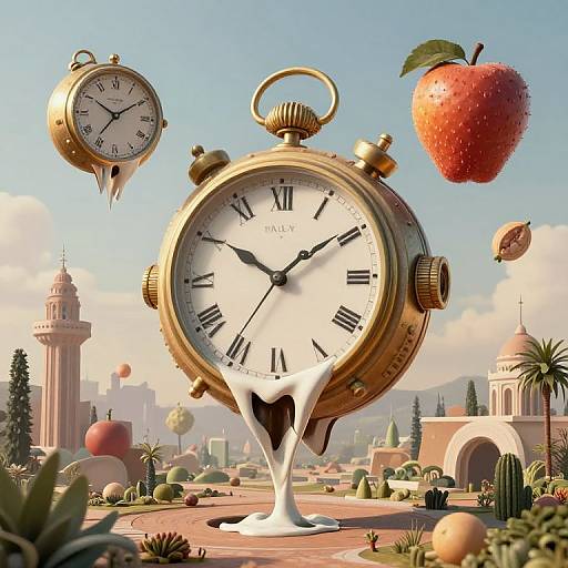 Digital artwork of a giant gold pocket watch melting into a clock face, surrounded by floating fruits and a whimsical desert landscape.