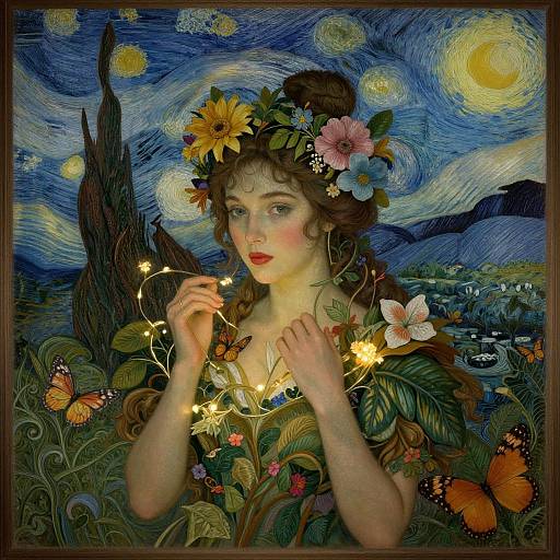 Digital art of a fair-skinned, red-lipped woman with curly brown hair, floral crown, holding glowing flowers, surrounded by vibrant butterflies, stars