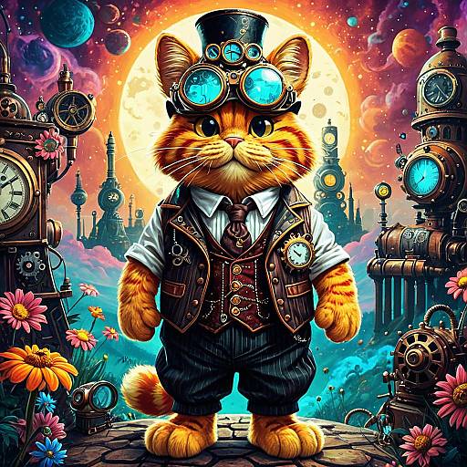 Steampunk Garfield Cat in Psychedelic Dreamscape