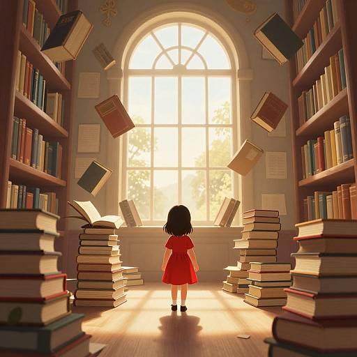 Digital anime-style drawing: A small girl in a red dress stands in a sunlit library, surrounded by floating books, with tall shelves on both sides