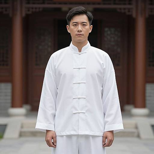 Photograph of an Asian man with short black hair, wearing a white traditional martial arts uniform, standing in front of a traditional wooden building.