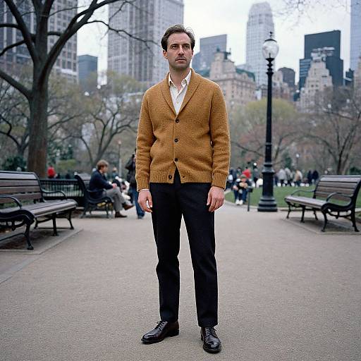 Photograph of a man with dark hair, brown cardigan, white shirt, black pants, and brown shoes standing in a park with benches and city