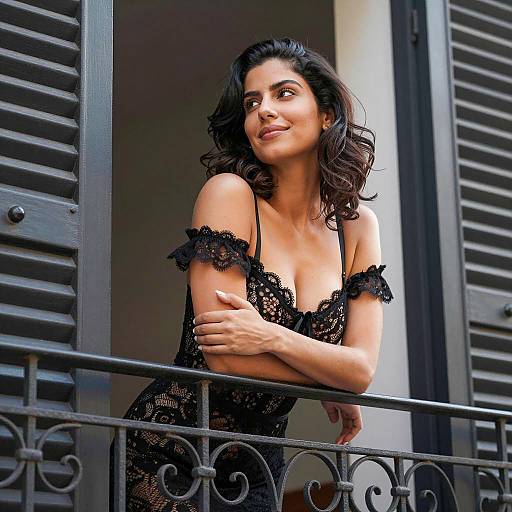Woman in Black Lace Dress on Balcony