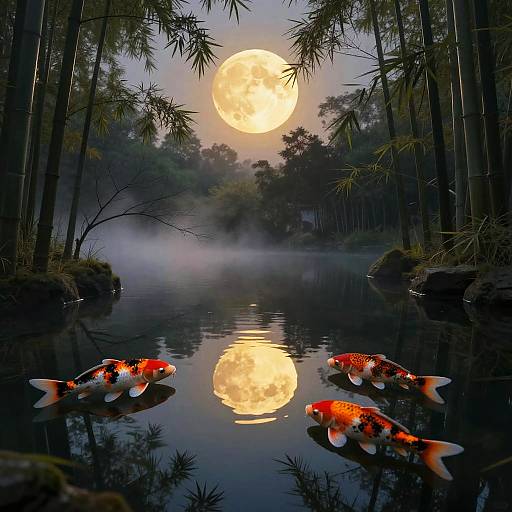 Photograph of five vibrant orange and white koi fish swimming in a tranquil bamboo-filled pond at night, reflecting a full moon.