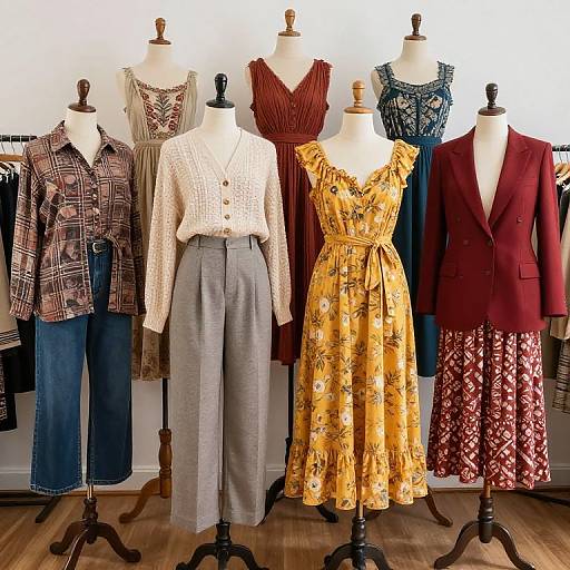 Photograph of six mannequins displaying diverse women's clothing: plaid shirt, white knit, grey high-waist pants, yellow floral