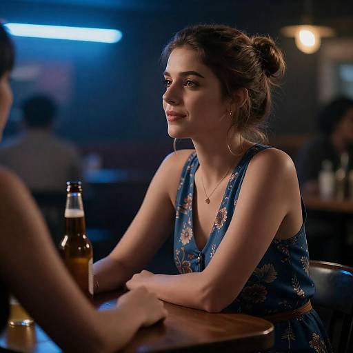 Charming Bar Scene with Woman in Floral Dress