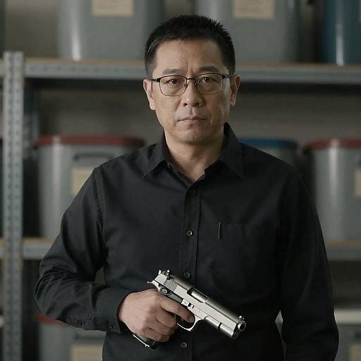 Serious Man with Handgun in Industrial Setting
