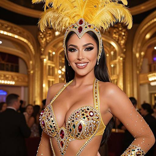 Photograph of a smiling, dark-haired woman in an ornate, gold and gemstone headdress and bikini, with a vibrant, opulent theater