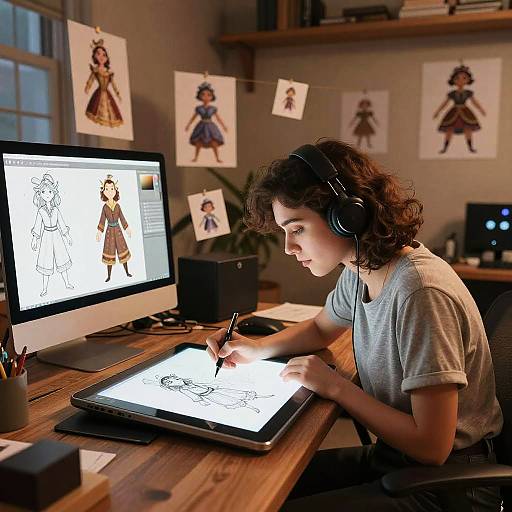 Young woman with curly hair, wearing headphones, sketches anime characters on tablet, illuminated by screen, surrounded by character drawings on wall.