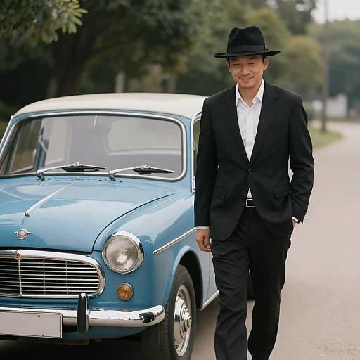 Stylish Man Beside Vintage Blue Car