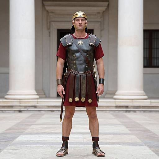 Photograph of a man in a Roman gladiator costume, standing in front of classical white columns, wearing a gold helmet, black leather chest armor,