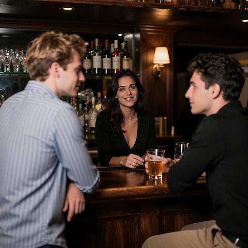 Three People Conversing at Bar Counter