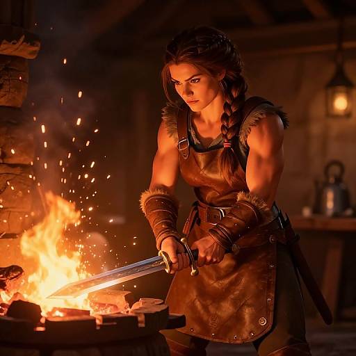 Photorealistic digital art of a muscular, braided brunette woman in leather armor, gripping a sword, standing before a blazing forge.