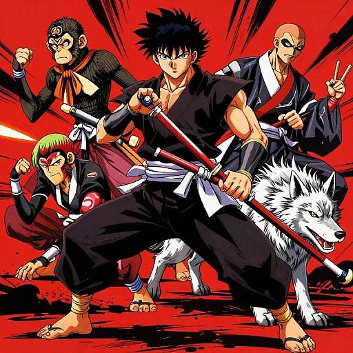 Samurai Warriors and Wolf in Dynamic Anime Style