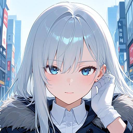 Silver-Haired Anime Girl in Cityscape