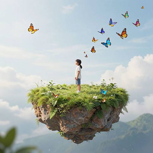 Digital illustration of a girl with ponytail standing on a floating grassy island, surrounded by colorful butterflies, against a bright blue sky with clouds and distant