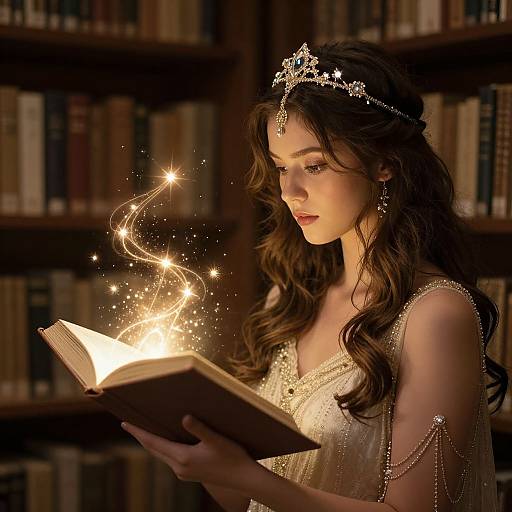 Photograph of a fair-skinned, dark-haired woman in a sparkling, gold dress, wearing a tiara, reading an open book with glowing magic