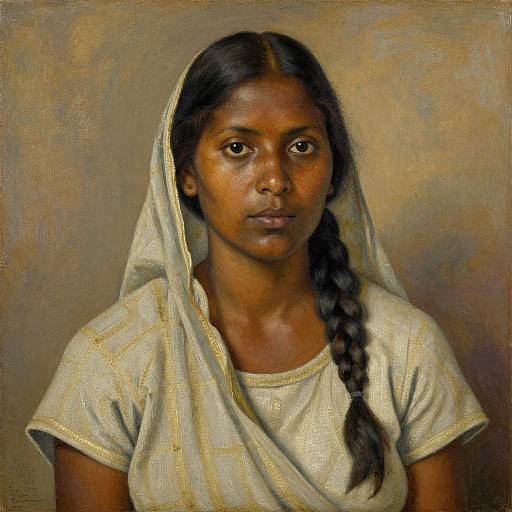 Photorealistic portrait of a young Indian woman with dark brown skin, long braided black hair, wearing a white sari with gold trim, against