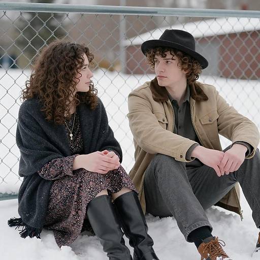Snowy Couple by Chain-Link Fence