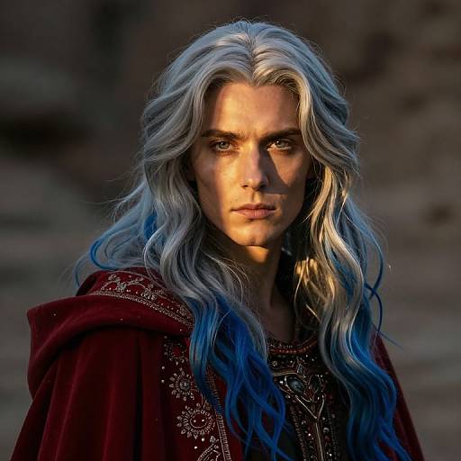 Digital artwork of a serious, white-haired man with blue highlights, wearing a red, embroidered cloak, illuminated by dramatic lighting.