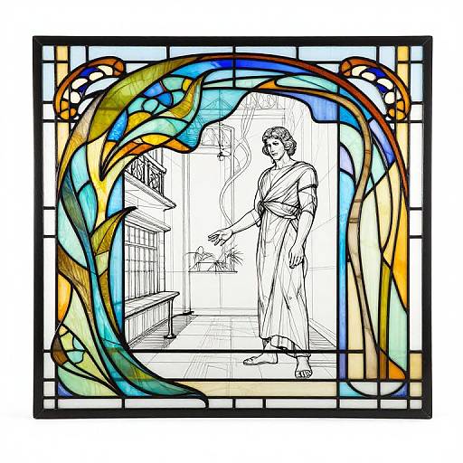 Stained glass artwork depicting a Classical-style woman in a draped gown, standing in an architectural setting, surrounded by colorful, swirling patterns.