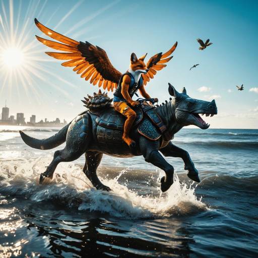 Cyberpunk Fox Riding Winged Rhinoceros at Ocean Shore Cyberpunk Fox Riding Winged Rhinoceros at Ocean Shore