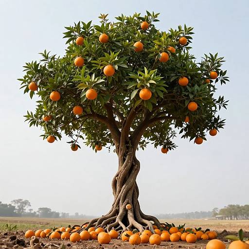 Photograph of a vibrant orange tree with twisted trunk, laden with ripe oranges, standing in a sunny, open field.
