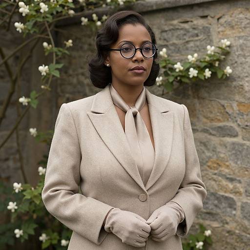 Photograph of a Black woman with wavy black hair, wearing round glasses, a beige suit, and gloves, standing in front of a stone wall