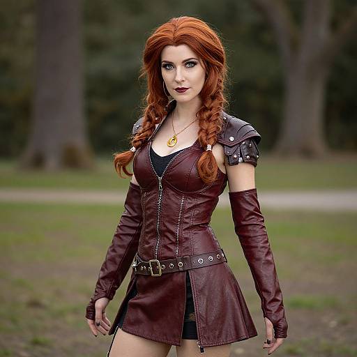 Digital art of a red-haired woman with fair skin, wearing a dark maroon leather outfit, gold necklace, and gloves, standing in a forest.