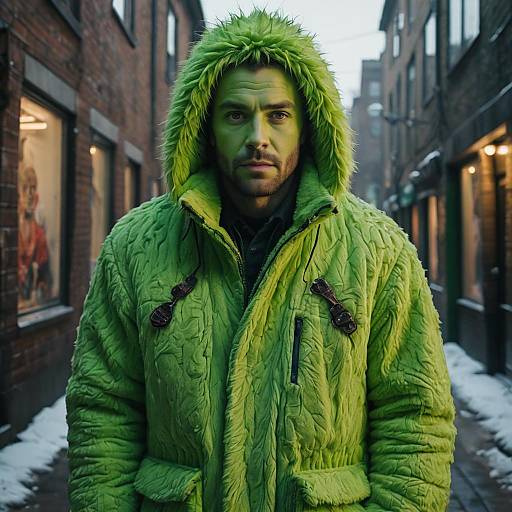 Man in Bright Green Faux Fur Coat with Painted Face