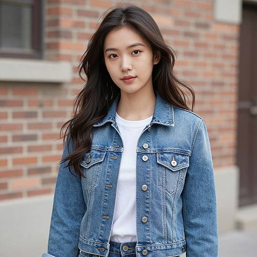 Photograph of an East Asian woman with long, wavy black hair, wearing a denim jacket over a white t-shirt, standing in front of a