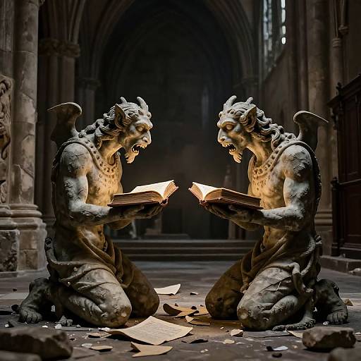 Photograph of two stone gargoyle statues with wings, kneeling in a dark, gothic cathedral, illuminated by glowing books they hold.