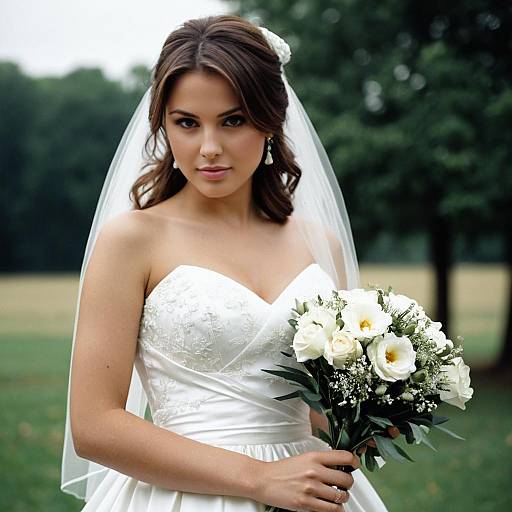Bride in White Wedding Dress Holding Bouquet