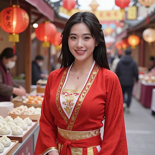 Photograph of an Asian woman with long black hair, wearing a red traditional Chinese robe with gold trim, smiling in a bustling night market with red lantern