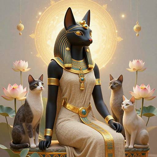 Digital artwork of an anthropomorphic black Egyptian cat goddess with gold accessories, seated between two cats and pink lotus flowers, glowing halo in the background.