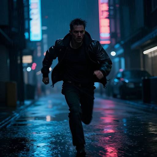 Photograph of intense, wet-eyed man in black leather jacket and dark clothes, running down a neon-lit, rainy urban street at night, with