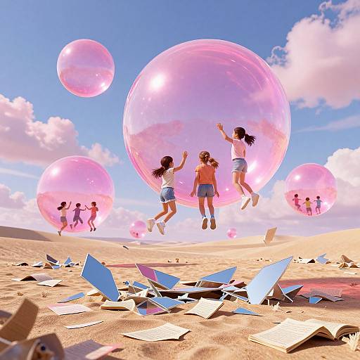 Photorealistic digital art: Four girls jumping joyfully in a desert, chasing giant pink bubbles; scattered paper fragments on sandy ground.