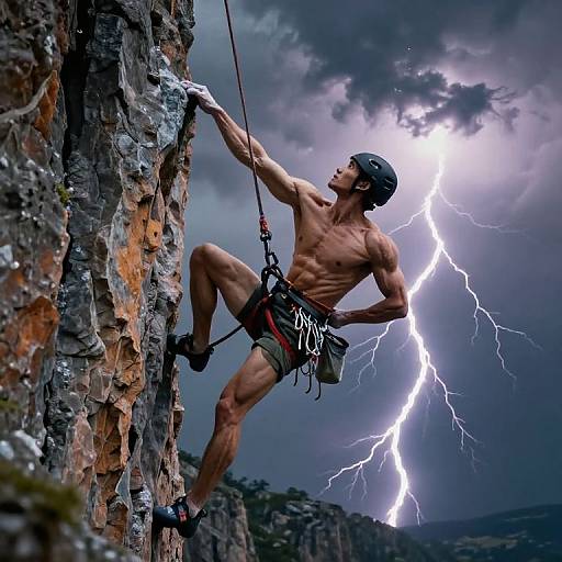 Muscular shirtless rock climber in helmet and shorts, gripping a stormy cliff, illuminated by bright lightning in a dramatic sky. Photograph.