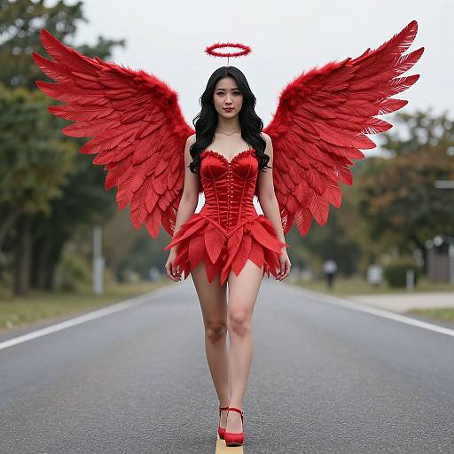 Woman in Red Feather Wings Costume