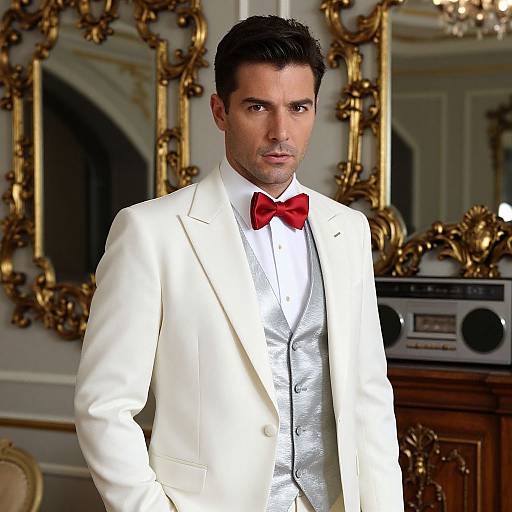 Photograph of a handsome man with dark hair, wearing a white tuxedo, red bow tie, and silver vest, standing in an ornate